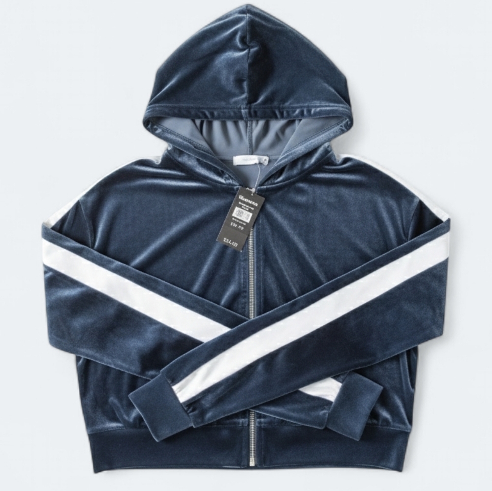 NWT Bluenotes Y2K Blue Velvet/Velour Cropped Zip-Up Hoodie Size XS